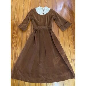 Vtg 40's prairie Mary  Muffet Brown Corduroy Dress Cream Collar belt midi